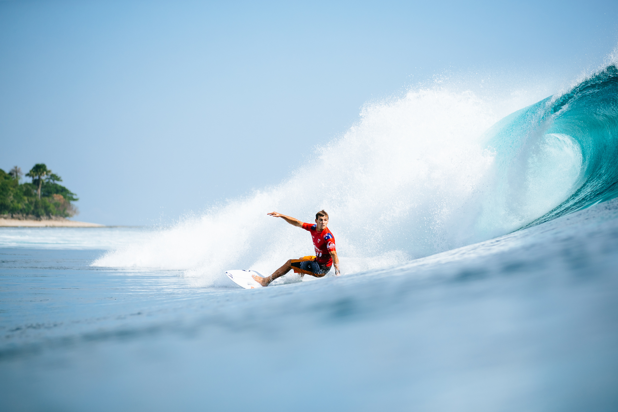 Jack Robinson riding a Sharp Eye Surfboard at G-Land Indonesia